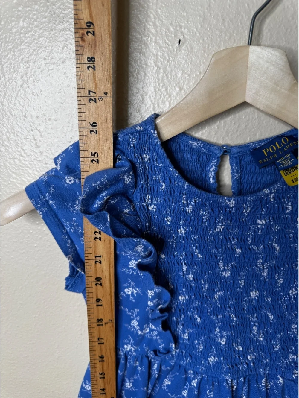 Polo Ralph Lauren Dress Girls 8-10 Blue Floral Smocked Ruffle Fit Flare
